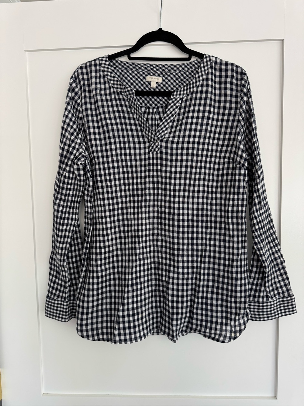 Talbots Navy Gingham Blouse Size L 100% Cotton Split Neck Casual Top